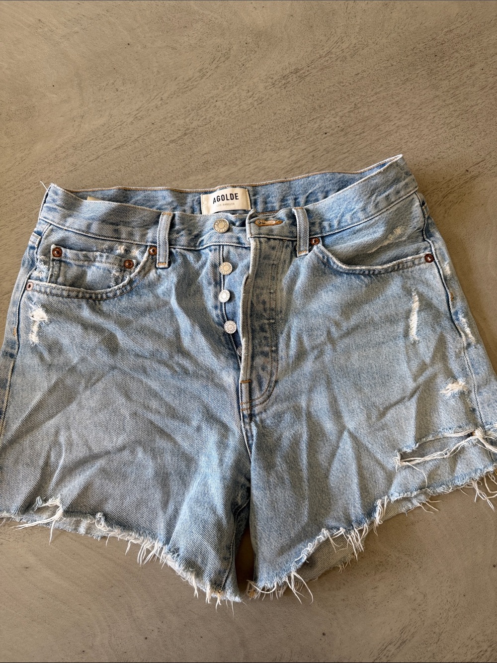 Agolde Light Wash Distressed High-Rise Denim Shorts